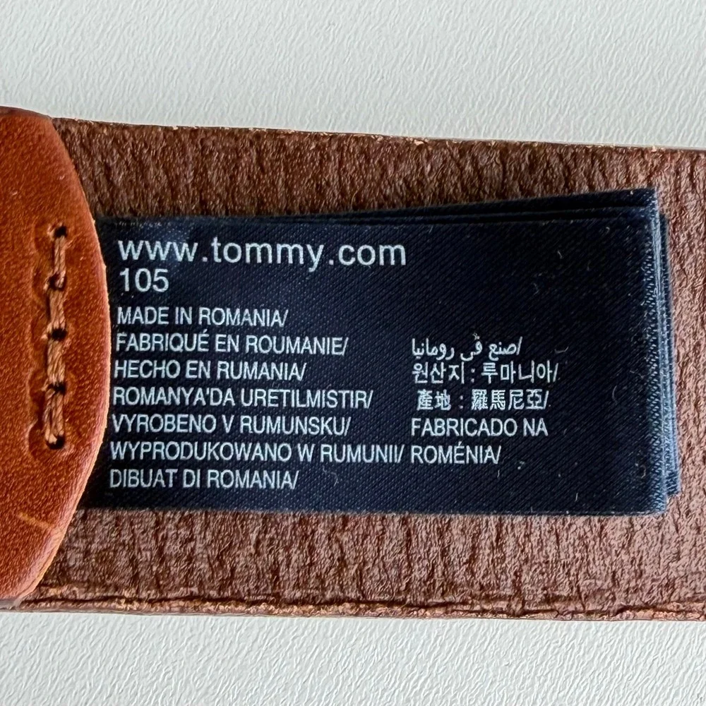 Tommy Hilfiger Brown Leather Belt Mens 42 Classic Flag Logo 90s Preppy Casual